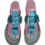 A.S. 98 Teal Blue Leather Embossed Silver Flip Flop Thong Sandals EU 38 US 7.5 Photo 0