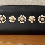 Zac Posen  Eartha Black Zip Wallet Faux Pearl Embellished Floral Appliqué Photo 0
