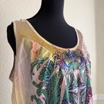 One World Blue Green Yellow Printed Top Women’s Large Boho Colorblock Peasant Photo 8