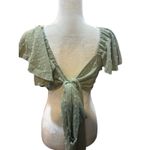 Sage Green Textured Square Neck Flutter Sleeve Crop Top Tie Back Photo 3