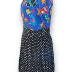 Vintage Rickie Freeman Dress Blue Black Pop Art Star Print Pleated Silk Midi Size 12 Photo 3
