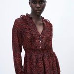 ZARA NEW Long Sleeve Animal Print Burgandy Ruffle Dress Size Medium Elastic Band Photo 2