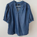 Ann Taylor Factory Women Blue Chambray V Neck Puff Sleeve Tunic Top Size L Photo 0
