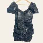 Naked Wardrobe Black Faux Leather Puff Sleeve Ruched Mini Bodycon Dress Size L Photo 3