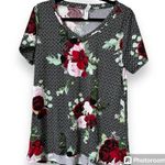 LuLaRoe  L pullover short sleeve v-neck hi low shirt rose design black white back Photo 6