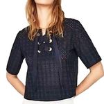 ZARA Eyelet Lace Up Short Sleeve Crop Top Navy Blue Size Small Photo 1