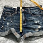 Francesca's Francesca’s Harper Rolled hem distressed pearl embellished jean blue shorts 26 Photo 3
