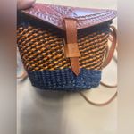 Woven Blue & Brown Crossbody Bucket Bag Leather Patterned Top Closure Straps Photo 2