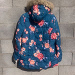 Matilda Jane NWOT Teal Floral Puffer Jacket with Faux Fur Hood S Photo 4
