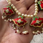Vintage Kundan Pearl Reversible Necklace Set Red Photo 6