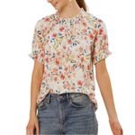 Allegra K Floral Ruffled Neck Short Sleeve Top Blouse, Size S Photo 1