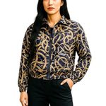 Vintage Bogari 100% Silk Jacket Navy, Beige, and Gold Zip Up Women's Size Medium Blue Photo 0