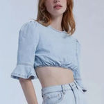 We Wore What Crop Top Women's Medium Blue Denim Bell Sleeves Elastic Pullover NWT Photo 0