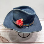 Vintage Denim Cowboy Hat By Canyon Trails Multicolor Ribbon & Feather 3” Brim Blue Photo 0