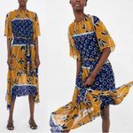 ZARA  Blogger Favorite Blue Mustard Sheer Printed Midi Dress With Belt Size Small Photo 2