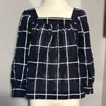 J.Crew Size 10P Navy Blue White Windowpane Plaid Blouse Square Neck 10 Petite Photo 0