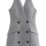 ZARA Halter Blazer Mini Vest Dress Gray Houndstooth Double Breasted XL Photo 0