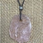 Sterling Silver Raw Rose Quartz Pendant Necklace Black Leather Cord Slab Adj 18" Pink Photo 1