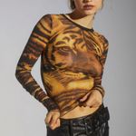 Urban Outfitters New With Tag Sia Ruched Tiger Print Mesh Top With Long Sleeves Photo 0
