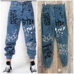 SONG Graffiti High Rise Denim Jogger Pants Women Size 9/29 Blue Jeans Photo 1