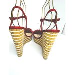 Gucci  Red White Canvas Leather Cork Wedge Summer Ankle Strap Platform Sandals 40 Photo 5