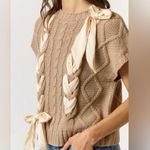 None NWT Braided Knit Tan Sweater Vest with Satin Bow Size S Photo 1
