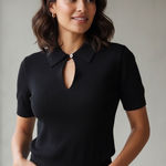 J.Crew Black Short Sleeve Polo Shirt Keyhole Button Knit Womens XS minimalist Photo 0