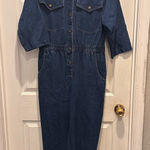 VTG IDEAS Denim Jumpsuit Women Medium Blue Wash Button Front Utility 3/4 Sleeves Photo 0