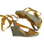 Talbots  Espadrille‎ Wedge Sandals Size 9 Yellow Red Ribbon Tie Up Ankle Stripe Photo 2