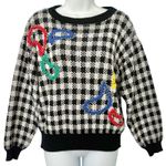 Vintage Black White Check Wide Stitch Rainbow Detail Crew Neck Sweater size S Photo 0
