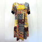 Manhattan Blues Patchwork Boho Print Lace Trim Short Sleeve Dress Size Medium Photo 1