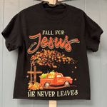 Womens Fall For Jesus He Never Leaves Pumpkin Red Trucks Happy Fall crop Tshirt Size 4 Photo 1