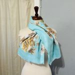 Women Floral Shawl Square Fringed Light Blue Tan Cream Elegant Accessory Photo 3