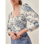 Reformation 💕💕 Stilton Linen Top  Pompadour Blue White Floral Bird Print 2 NWT Photo 2