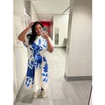 Natori White Blue Floral Collared Front Button Cinched Waist Andora Dress Size 8 Photo 13