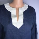 Ralph Lauren Lauren Womens Linen Top Navy Blue Small Long Roll Up Sleeve V-Neck Photo 1