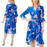 Adrianna Papell NWT Floral Chiffon Faux Wrap Dress Blue Pink Floral Size 10 NEW Photo 1
