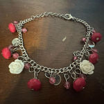 Vintage‎ Y2K Womens Pink Floral Rose Rhinestone Chain Beaded Charm Bracelet 90s Silver Photo 0