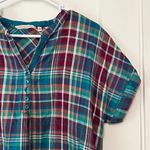 Soft Surroundings  plaid henley top rainbow multicolor 100% cotton medium petite Photo 5