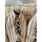 2 PREVATA Vintage 80s Pewter & Bronze Leather Woven Bottega Vibe Sandals 7 Photo 3