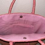 Vintage Pink and Tan Woven Straw Tote Bag with Butterfly Photo 2