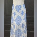 AUW  Off White & Blue Florals lace on top w/sheer lower sleeveless dress - Size L ***Refer to measurements as size tag removed. Adorable and conservative/ gently warn once. In excellent condition. Great for HOCO, weddings or dressy evening out or cruise. Measurements approximately 15.5-16” from armpit to armpit x 13” waste x 48” long. None smoking home. Priced to sell at as is condition. Don’t like my price make reasonable offer. Photo 0