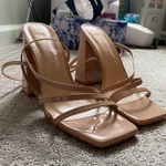 Pretty Little Thing Nude Patent PU Square Toe Strappy High Block Heeled Sandals Photo 3