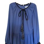 Mikael Aghal Front Tie Long Sleeve Velvet Trim Midi Dress Blue Women's Size 8 Photo 1