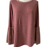 Hummingbird  dark rose French terry knit top with velvet sz M Photo 0