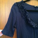 EXPRESS Women’s navy blue V-neck shirt ruffle neckline fitted size Large Photo 2