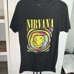 Nirvana  Womens T- Shirt Reprint Gray Grunge Front‎ Hit Technicolor Wash Smiley L Photo 2