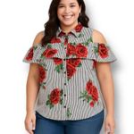 Hint of Blush XL Cold Shoulder Blouse Stripe Red Floral Ruffle Cotton Summer Top Photo 0