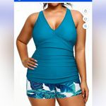 #89Plus Size Two Piece Tankini Swimsuit V Neck Tummy Control Ruched wshorts nwot Blue Photo 1