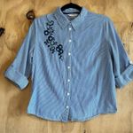 Allison Daley Blue Pinstripe Embroidered Button Down 100% Cotton Blouse Sz 8 Photo 4